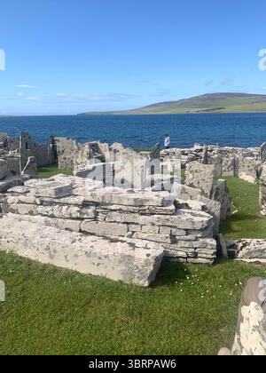 Der Broch of Gurness Scotland Orkneys Orkney Sandmeer altes Dorf Eisenzeit Gebäude Menschen historische Geschichte Gebäude versteckte Landschaft Ufer gefunden Stockfoto