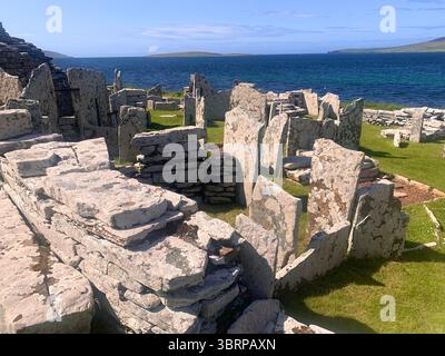 Der Broch of Gurness Scotland Orkneys Sand altes Dorf Eisenzeit Menschen historische Geschichte Gebäude Gebäude versteckte Landschaft Küste Meer Stockfoto