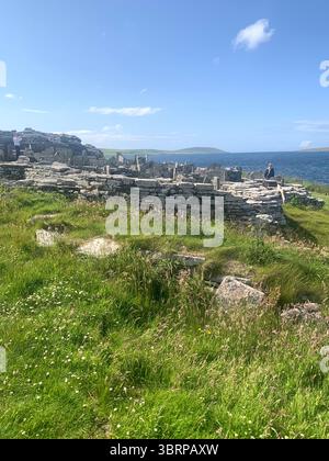 Der Broch of Gurness Scotland Orkneys Sand altes Dorf Eisenzeit Menschen historische Geschichte Gebäude Gebäude versteckte Landschaft Küste Meer Stockfoto