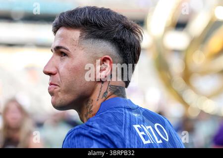 East Rutherford, Usa. Juli 2025. East Rutherford, New Jersey, 13. Juli 2025: Enzo Fernandez vom Chelsea FC sieht beim Finale der FIFA Club-Weltmeisterschaft zwischen Chelsea FC und Paris Saint Germain am 13. Juli 2025 im MetLife Stadium vor (João Bravo /SPP). /Alamy Live News Stockfoto