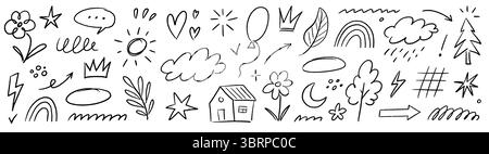 Herz Kreide Bleistift Skizzen Set. Hand gezeichnetes Kind Kritzelpfeil, Wolke, Blume Kinder Pastellelement. Kindliches Kreideherz, Zeichenstift-Textur. Vektorabbildung Stock Vektor
