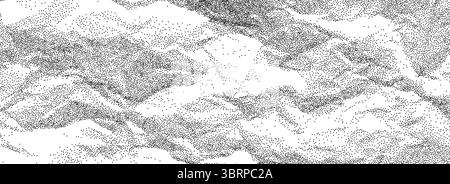 Schwarze, zerknitterte Papierstruktur. Rauer, gepunkteter Hintergrund mit Falteneffekt. Hintereinander gefaltete Papierbögen. Lautes, körniges Hintergrundbild für Notizbuchseiten. Veraltete, beschädigte, griffige Überlagerung. Vektor Stock Vektor