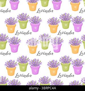 Nahtloses Muster mit Lavendelblüten in hellen Blumentöpfen, perfekt für botanische, Spa-, Blumen- oder Wellness-Designs. Stock Vektor