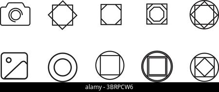 Set Kamera und geometrische Symbole – Minimal Line Art Symbole für UI und Medien Stock Vektor