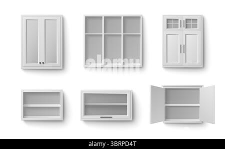 Weißes Küchenschrankset mit offenen Türen und leeren Regalen - wandmontierte Staufächer mit Glasplatten, Holzfronten für moderne Wohnorganisation, Pantrymöbel oder Badezimmerschränke im Innenraum. Stock Vektor