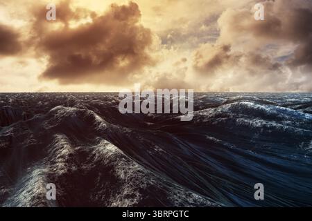 Stürmische Meereswellen erheben sich in flacher Meereslandschaft mit dunklen Wasserkämmen und schaumigen Wappen Stockfoto