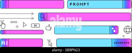 Generieren Sie den Pixelbildsatz der KI-Bot-Balken. 8-Bit-Webbrowser-Gradient-Prompt-Elemente-Sammlung. Retro-Internetformen. Klicken Sie auf die Fenster Cursor und Schaltflächen. Vect Stock Vektor