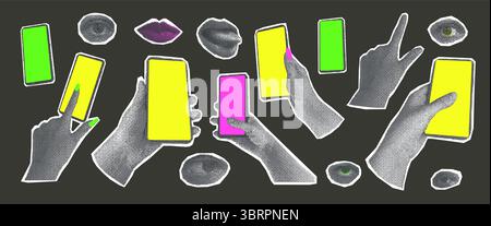 Halbtonelemente. Hände mit Handys, Augen, Lippen Collage Set. Schneidet Handys auf der Hand Vorlagen Aufkleber für soziale Medien aus. Smartphones mit leerem Scrre Stock Vektor