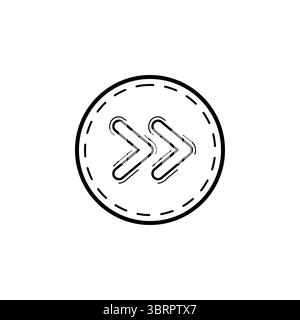Symbol für die Schaltfläche „Schnellvorlauf“ oder „Weiter“ von Hand gezeichnet. Vektorgrafik im Doodle-Stil eines Symbols mit doppeltem Rechtspfeil innerhalb eines gestrichelten Kreises. Stock Vektor