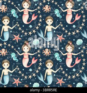 Meerjungfrauen Mädchen, Jungen, Wassertiere Charaktere nahtloses Muster. Goldene Sterne und Algenschatten. Aquarell-Kinderillustration isoliert auf Dunkelheit Stockfoto
