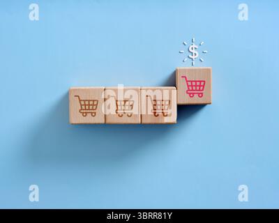 Holzwürfel mit Warenkorbsymbolen, die zu einem Dollarzeichen führen, das die beste Kaufoption symbolisiert. Stockfoto