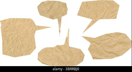Set mit zerknittertem gelbem Papier mit Sprechblasen. Abstraktes Vektordesign für sozialen Dialog, Comic Talk, Memo oder Zine Art. Dreckig zerrissene braune Farbe Stock Vektor