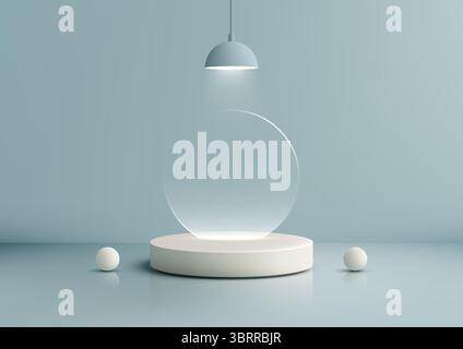 Ein sauberes, weißes, zylindrisches Podium unter einem Scheinwerfer hält eine durchsichtige runde Platte mit zwei seitlichen Kugeln, die in einem blauen grauen Raum angeordnet ist. Ideal für die Präsentation von Stock Vektor