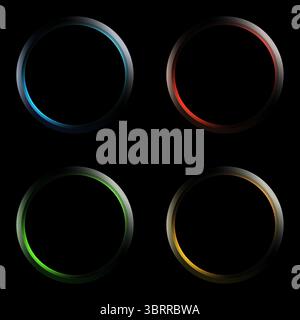 Vier glänzende Metallringe glänzen in Blau, Rot, Grün und Gelb vor schwarzem Hintergrund. Moderne digitale 3D-Kreativen mit schlankem Design und Vibr Stock Vektor