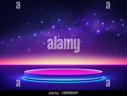 In einem futuristischen Sci-fi-Showroom unter einem Sternenhimmel steht ein strahlendes rosa und blaues Podium. Diese kosmische Szene fängt High-Tech-Design ein, ideal Stock Vektor