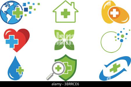 Satz von neun Logos für Gesundheitswesen und Medizin mit Kreuzen Stock Vektor