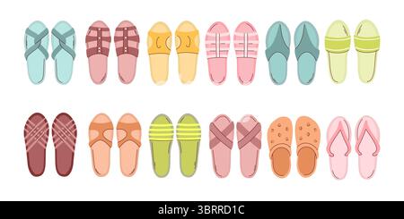 Set aus isolierten, farbenfrohen Sommersandalen auf weiß Stock Vektor