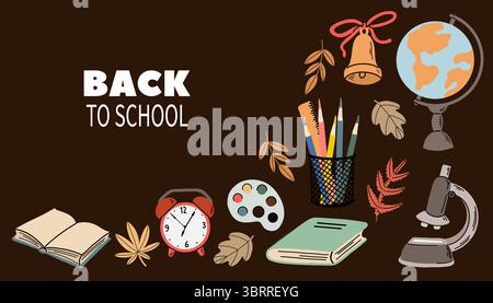 Vektor illustriert zurück zur Schule Poster mit niedlichen handgezeichneten Schulvorrat Zeichentrickobjekte auf dunklem Hintergrund, einschließlich Buch, Notizbuch, eine Glocke, ein mi Stock Vektor