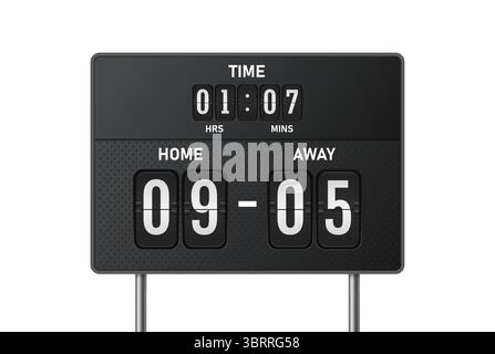 Anzeiger. Elektronische Sportanzeige mit Torstand und Countdown-Timer für Fußball, Fußballspiel im Stadion. 3D realistische Sportanzeige Vektor-Illustration isoliert. Stock Vektor
