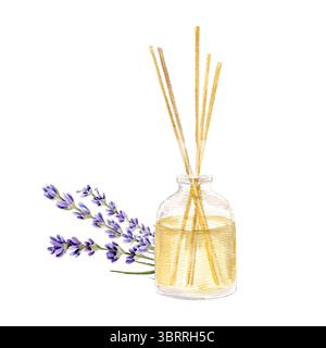 Handgezeichnete Aquarellillustration mit Aroma-Diffusor in Glas mit ätherischem Öl und Stiften und Lavendelstrauß. Aromatherapie. Kann auf Fabri verwendet werden Stockfoto