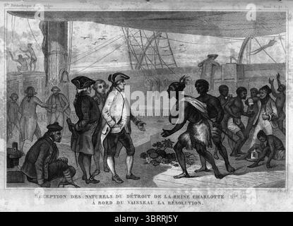 Empfang durch Kapitän James Cook an Bord des Schiffes „Resolution“ der Naturalien des Detroit von Queen Charlotte Neuseeland – Gravur aus: « Nouvelle Bibliothèque des Voyages Anciens et Modernes » 1844 Stockfoto