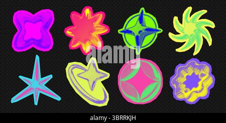 Y2K 3d Punk Neonfarben Hell Chrom Halbtonsterne Form Retro abstrakte Vektor Illustration Sticker Set. Stock Vektor