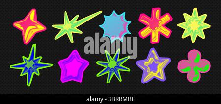 Y2K 3d Punk Neonfarben Hell Chrom Halbtonsterne Form Retro abstrakte Vektor Illustration Sticker Set. Stock Vektor
