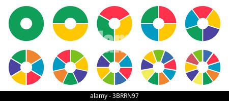 Donut-Diagramme, Torten, die zu gleichen Teilen von 1 bis 10 segmentiert sind. Mehrfarbiges Infografik-Set. Kreisschnittdiagramm. Die Räder sind in Abschnitte unterteilt Stock Vektor