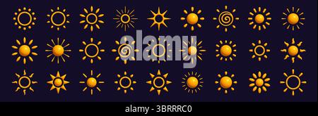 Set mit Ikonen der glühenden Sonne im modernen Cartoon-Stil. Helle Sommerkollektion für Wetter-Apps, UI-Tasten, Grafikdesign oder dekorative Elemente Stock Vektor