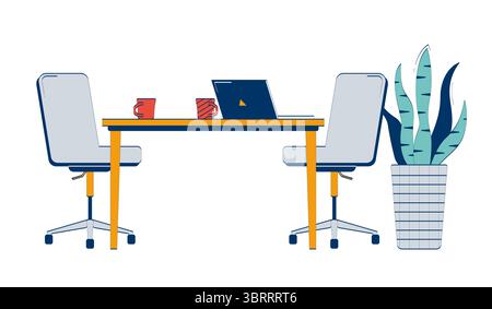 Büroeinrichtung mit Laptop- und Kaffeetassen 2D-Kritzelobjekt Stock Vektor