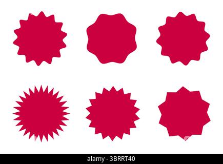 Circle, Sunburst, Star-Rabattangebot, leere Verkaufsaufkleber. Rote Abzeichen mit gewelltem Rand. Starburst Form Tags für den Preis. Rahmen-Silhouette. Flach Stock Vektor