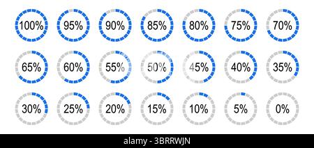 Prozentsatz der minimalen Elemente für Infografiken. Runddiagrammsymbole für Infografiken von 0 bis 100 Prozent. Blaue, graue Farben füllen geteilte Tortendiagramme Stock Vektor