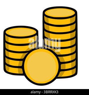 Eine verspielte Vektor-Illustration von drei Stapel Goldmünzen, einer einzigen Münze, mit kräftigen Umrissen und leuchtenden Gelbtönen, perfekt für Finanz- oder Gam-Zwecke Stock Vektor