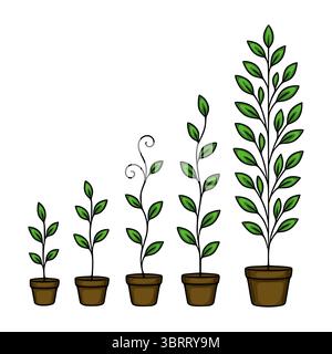 Vektor-Illustration von sechs Topfpflanzen in verschiedenen Wachstumsphasen, mit einer leuchtenden grünen Palette und einer stilisierten, handgezeichneten Ästhetik, ideal für Stock Vektor