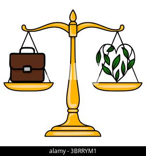 Vektor-Illustration einer goldenen Waage der Gerechtigkeit mit einem Aktenkoffer auf der einen Seite und einer herzförmigen Pflanze auf der anderen, die das Gleichgewicht zwischen den beiden symbolisiert Stock Vektor