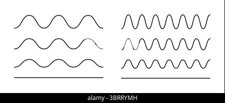 Symbol für wellige, kurvige Linien. Wellige Ränder, horizontale Querlinien. Sinus, Flüssigkeit, Luft, Windzeichen. Wasser, Fluss, See, Meer, Meer, Meer Minimal Symbol Stock Vektor