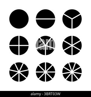 Kreisteilung auf 1, 2, 3, 4, 5, 6, 7, 8, 9 gleiche Teile. Infografik minimalistisches schwarzes Layout. Radrunddiagramme von einem bis neun Segmenten Stock Vektor