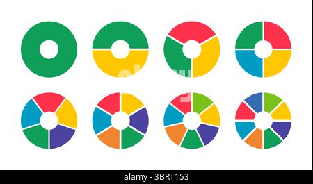 Donut-Diagramme, Torten segmentiert auf 1 bis 8 gleiche Teile. Diagramme Infografik mehrfarbig. Kreis in Schnitte unterteilt. Radquerschnittsdiagramm. Pizza Stock Vektor