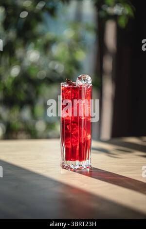 Leuchtend roter Cocktail mit Eiswürfeln in hohem Glas Stockfoto