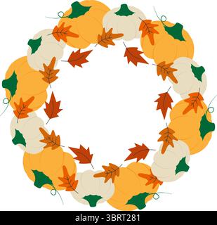 Cozy Herbstlaub und Kürbisse White ang Orange Thanksgiving Circle Frame Border Kopierraum. Isolierte Vektor-Illustration Thanksgiving Gruß, Social Media Post oder Promo Banner, Faltblätter, Etikett Stock Vektor