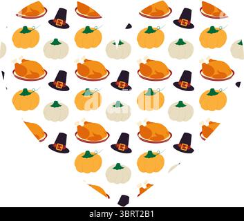 Braten Truthahn auf Teller Orange und weiß Kürbis nahtlose Muster Thanksgiving Herz Form Hintergrund. Vektorabbildung Stock Vektor