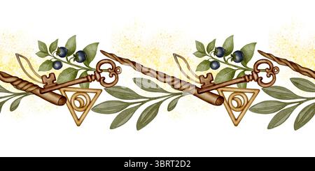 Nahtloser horizontaler Rand mit Zauberstab, altem Schlüssel, Beeren und grünen Blättern. Aquarellzeichnung im Fantasy-Stil. Enthält okkultes und botanisches Elem Stockfoto