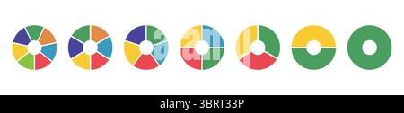 Donut-Diagramme, Torten segmentiert auf 1 bis 7 gleiche Teile. Diagramme Infografik mehrfarbig. Kreisschnittdiagramm. Die Räder sind in Abschnitte unterteilt. Torte Stock Vektor