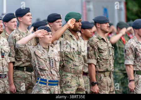 Nijmegen, Niederlande. Juli 2025. NIJMEGEN, NIEDERLANDE - 13. JULI: Flaggenparade vor dem Start der internationalen Viertagsmärsche (Vierdaagse), der weltweit größten mehrtägigen Wanderveranstaltung mit über 47,000 Teilnehmern. Das Bild zeigt Soldaten, die grüßen. Am 13. Juli 2025 in Nijmegen, Niederlande. (Foto von Lucia Smatanová/Orange Pictures) Credit: Orange Pics BV/Alamy Live News Stockfoto
