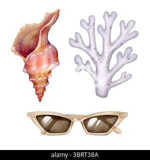 Handgezeichnete Aquarellillustration von Meereskorallenzweigen, spiralförmigen Muscheln und beigefarbenen Sonnenbrillen. Isoliert auf weißem Hintergrund. Ideal für Karten, Packag Stockfoto