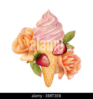 Aquarellkomposition mit rosa weicher Serviereis in Waffelkegel, Reifen Erdbeeren, orangen Rosen und grünen Blättern. Auf weißem Hintergrund. Für den Sommer Stockfoto
