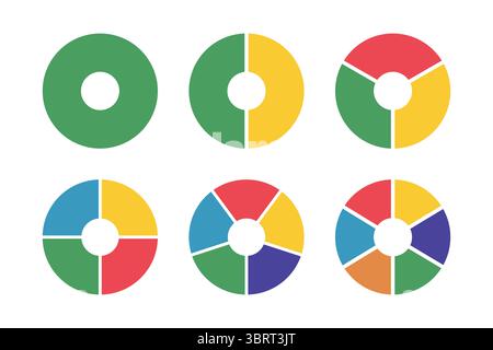 Donut-Diagramme, die auf gleiche Teile segmentiert sind. Diagramme Infografik mehrfarbig. Die Räder sind in Abschnitte unterteilt. Kreisschnittdiagramm. Kuchen, Pizzakarte rund Stock Vektor