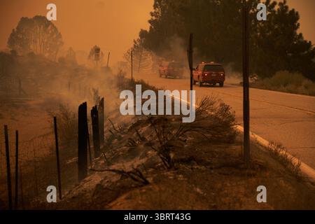 19. September 2020, Valyermo, Kalifornien, USA: Die Stadt Valyermo wird durch das Bobcat-Feuer in Brand gesetzt. . Das Bobcat-Feuer brach durch den Wüstenboden von Valyermo, Kalifornien, ein, nachdem der Wind aufzog. (Bild: © Allison Dinner/ZUMA Wire) Stockfoto