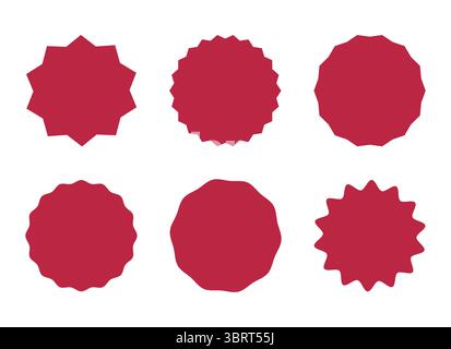 Kreisförmige rote Aufkleber. Runde Abzeichen mit gewelltem Rand. Sternförmige Tags für Preise. Leere Verkaufsaufkleber. Silhouettensymbole. Flache Vintage-Etiketten. Stock Vektor