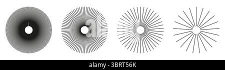 Sonnensterne, platzen. Radiale Kreisstrahlungslinien. Speichen mit strahlendem Streifengitter. Kreisförmig Linien Balken. Abstrakte Illusion einfache geometrische Stock Vektor